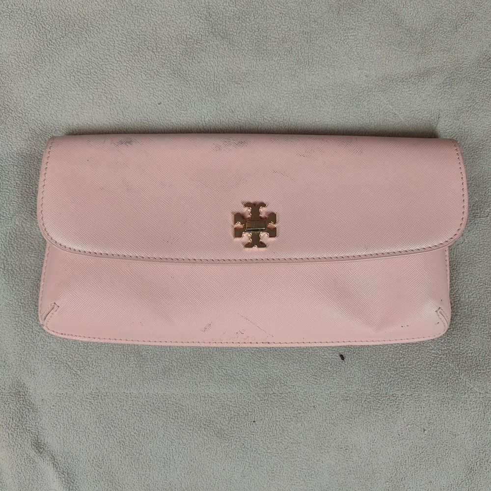 Tory Burch Leather Slim Diana Flap Clutch Blush Pink Saffiano Preppy FLAWS - Picture 2 of 12